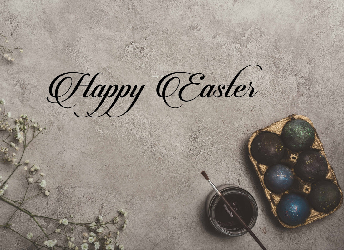 <a href="https://depositphotos.com/stock-photos/science.html">Top view of painted easter eggs in tray with flowers, paint and brush on concrete with Happy Easter lettering - depositphotos.com</a>